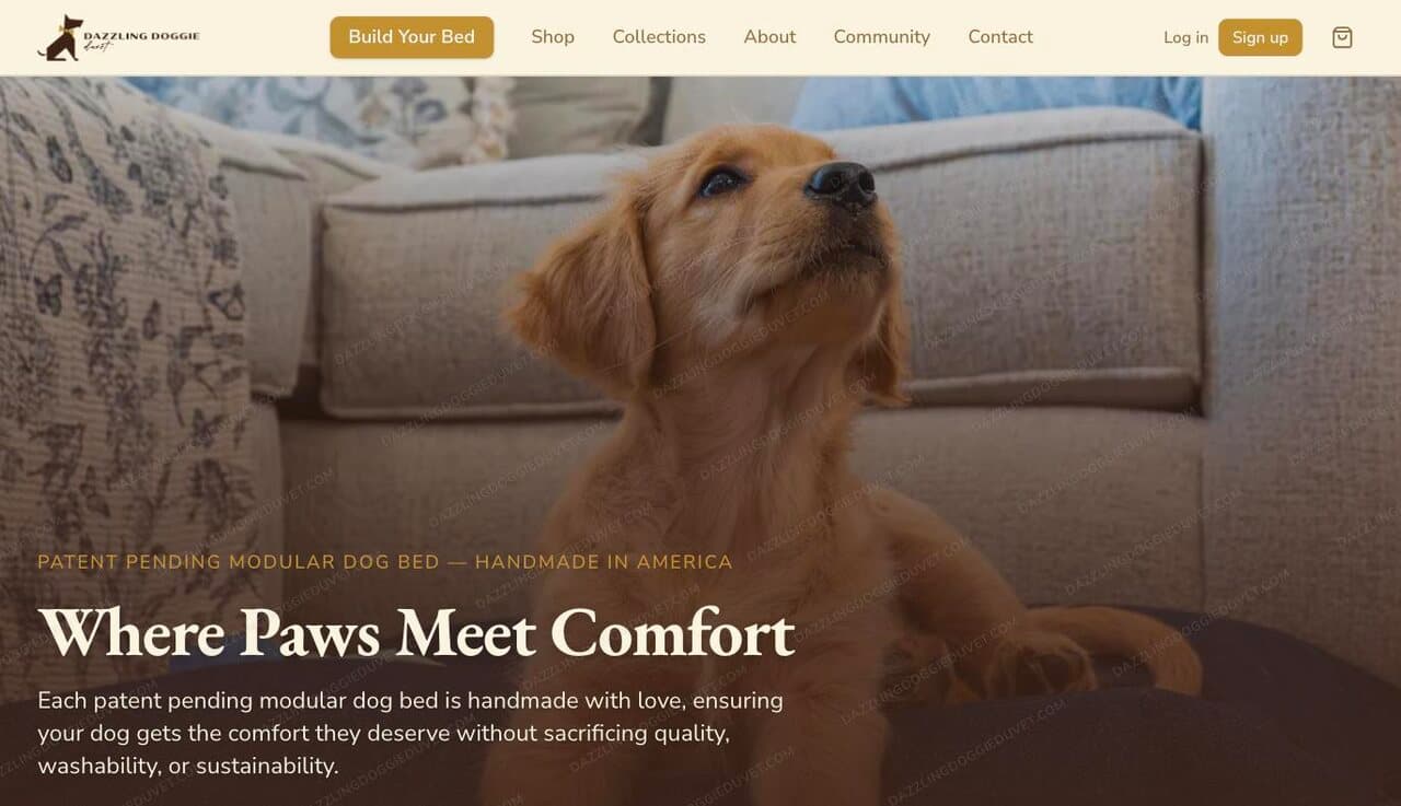 Dazzling Doggie Duvet's homepage: a puppy on a modular dog bed, and the Build Your Bed button